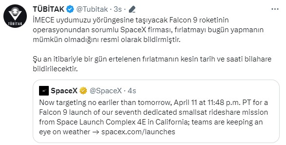 İMECE YER GÖZLEM UYDUSU'NUN FIRLATMA OPERASYONU ERTELENDİ