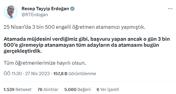 Erdoğan: 3 bin 500'e giremeyen engelli öğretmen adaylarımızın atamasını bugün gerçekleştirdik